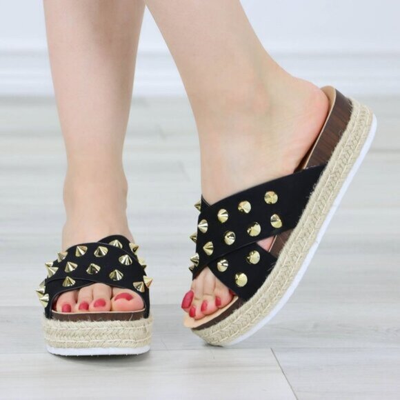 Black Platform Espadrille Sandals Crossover Gold Metal Stud Slip On Sliders - Picture 14 of 15